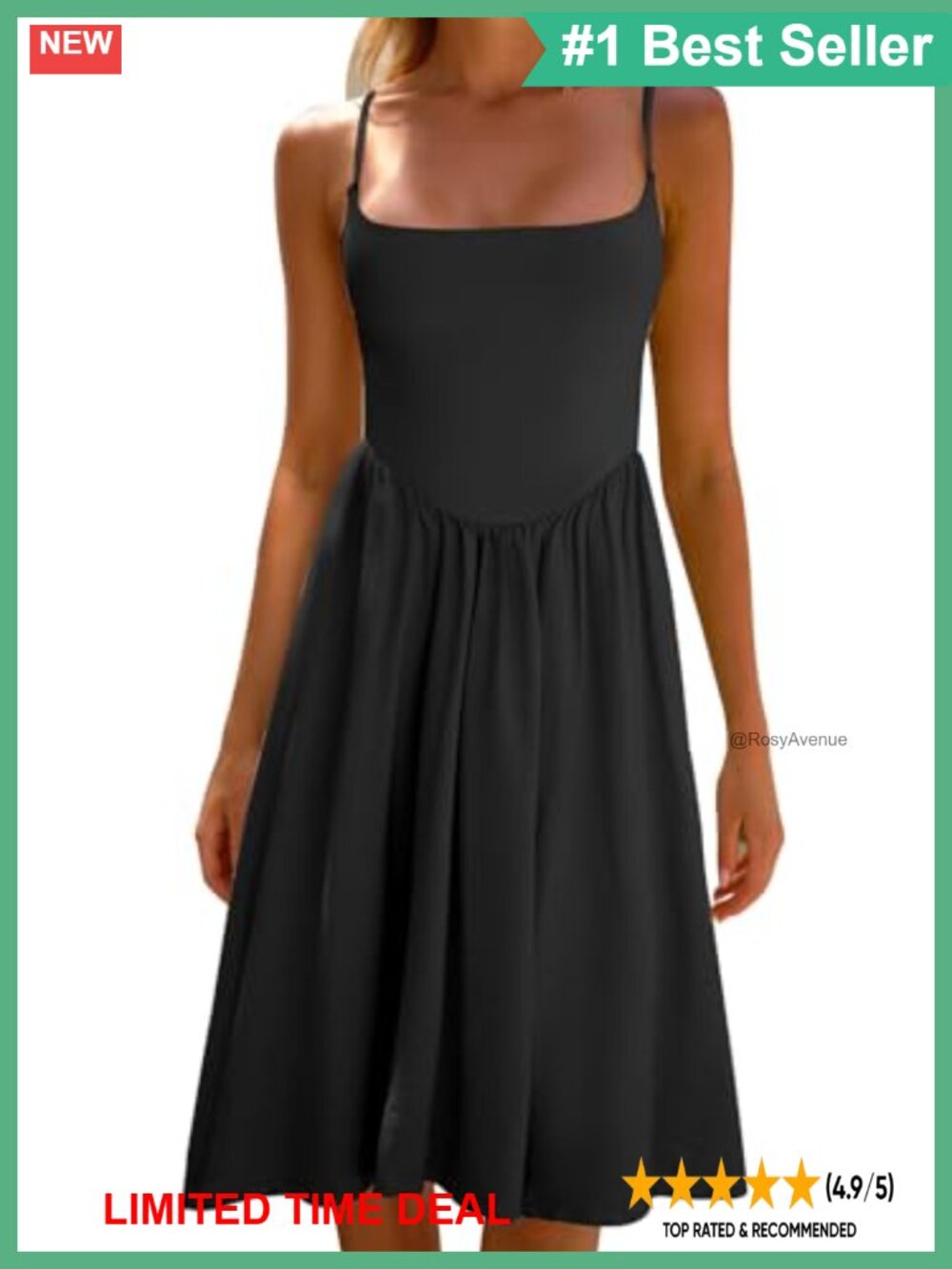 Spaghetti Strap Scoop Neck A-Line Midi Sundress Sleeveless Summer Casual Dress